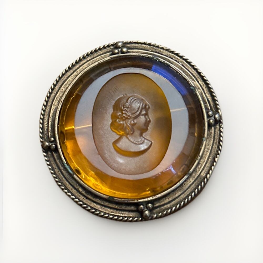 Vintage Intaglio Carved Amber Glass Cameo Woman Brooch Pin 1.25" Victorian Style